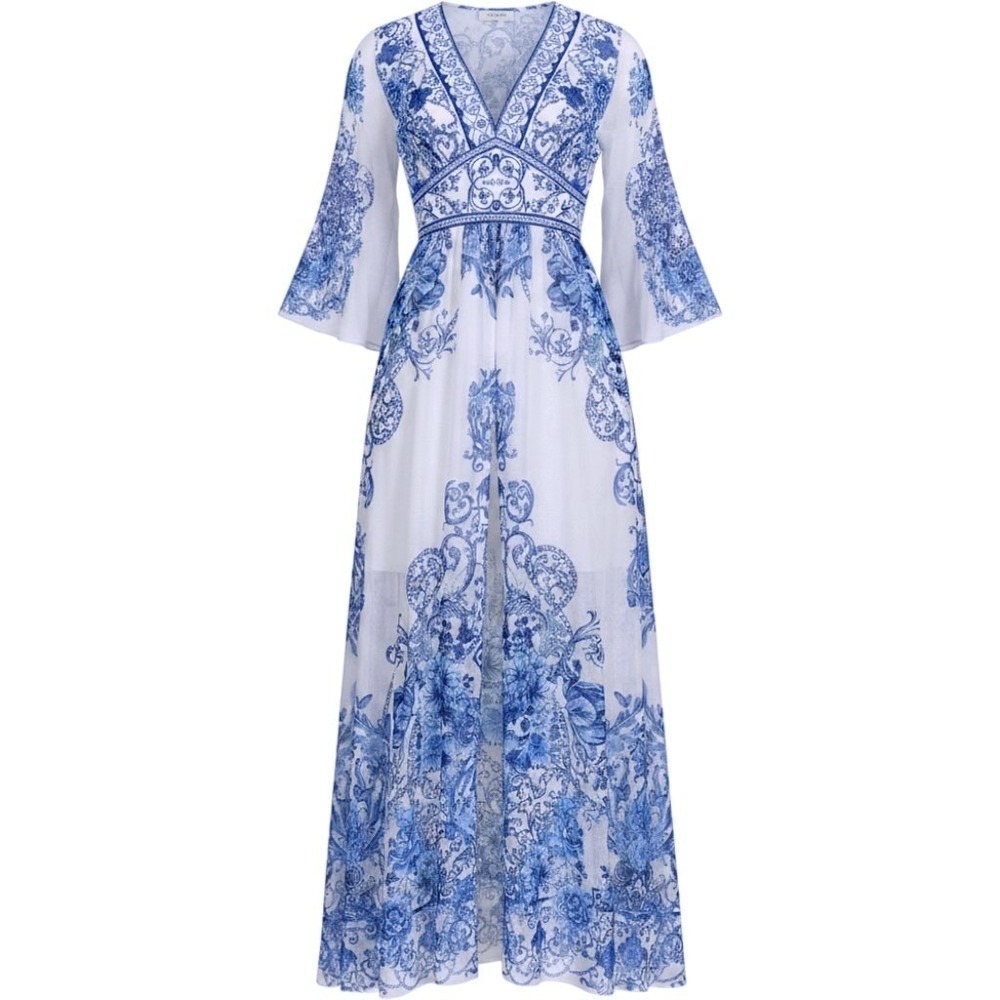 Boho Fairy Whimsical Maxi Dress Romantic Floral Gown Size 42‎ V Neck Blue White